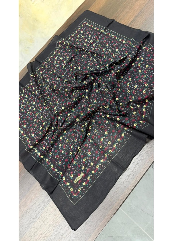 Lorenda Otantik %100 Organik Cotton Yazma Eşarp Çiçekli Siyah Mor