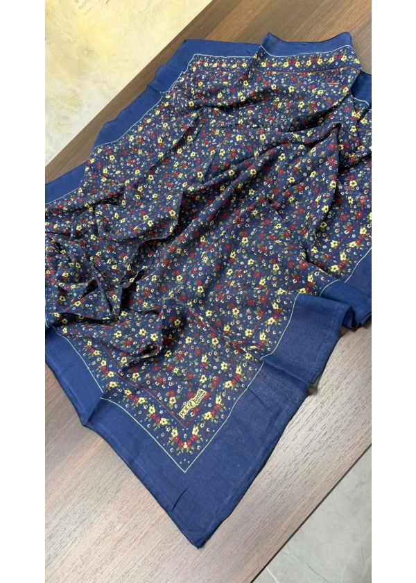 Lorenda Otantik %100 Organik Cotton Yazma Eşarp Çiçekli Lacivert