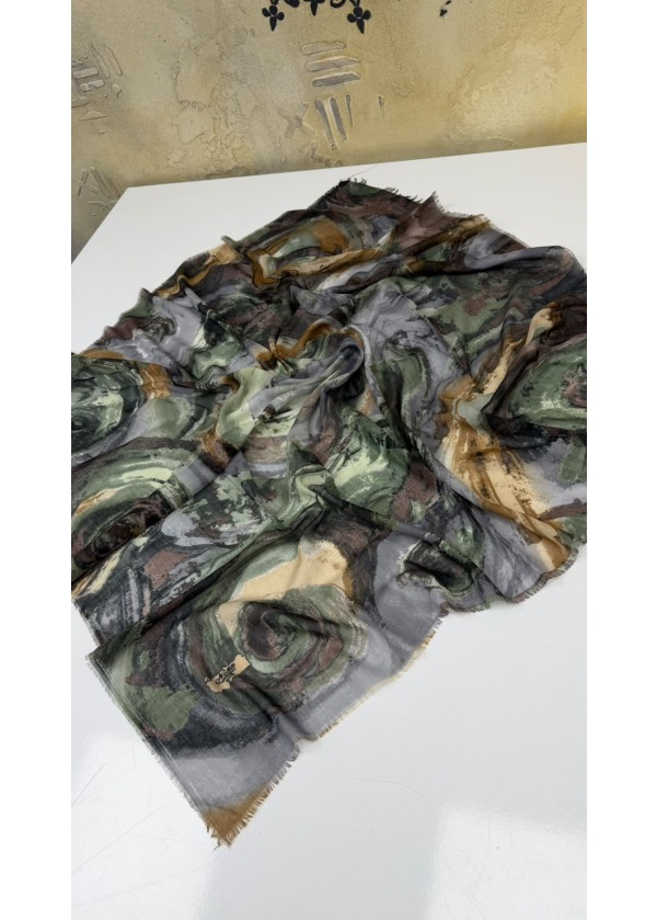 Hırçın Dalgalar Empirme Cotton Eşarp Yazma Yeşil