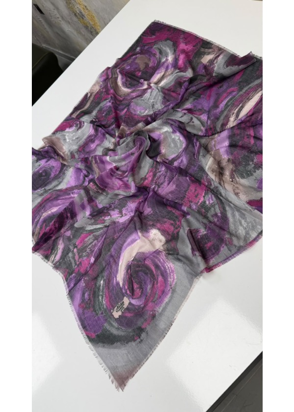 Hırçın Dalgalar Empirme Cotton Eşarp Yazma Mor-Gri