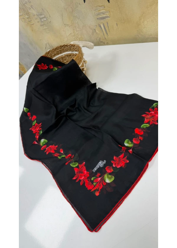 Çiçek Şerit Pamuk Soft Eşarp 4