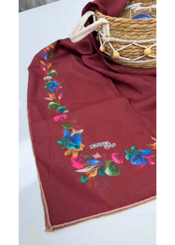 Çiçek Şerit Pamuk Soft Eşarp 9