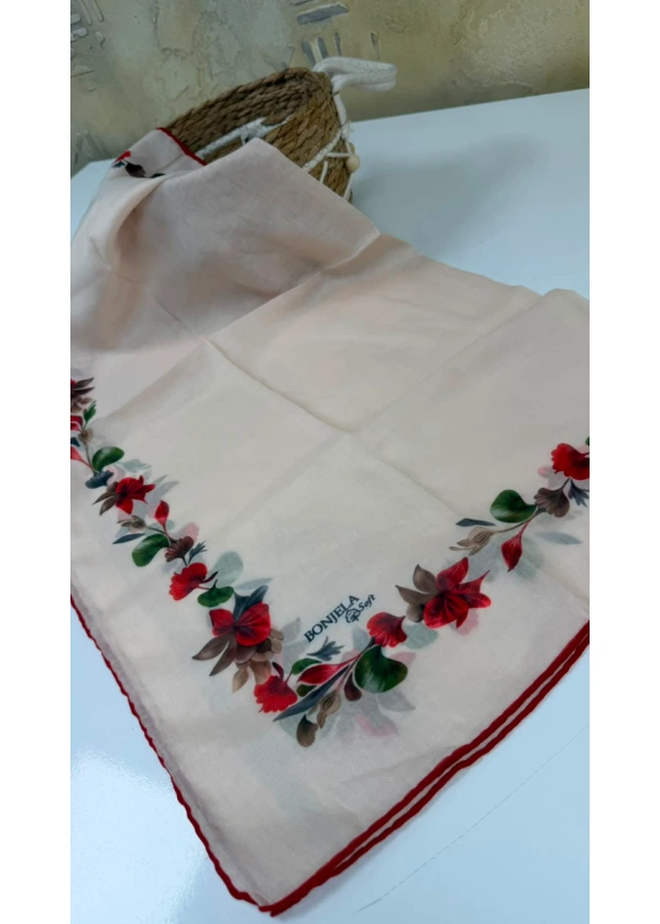 Çiçek Şerit Pamuk Soft Eşarp 13